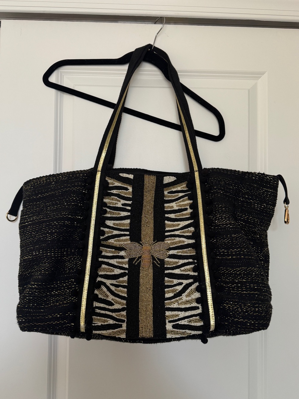 New America & Beyond Black Beaded Queen Bee Honeybee Large Tote Bag Purse